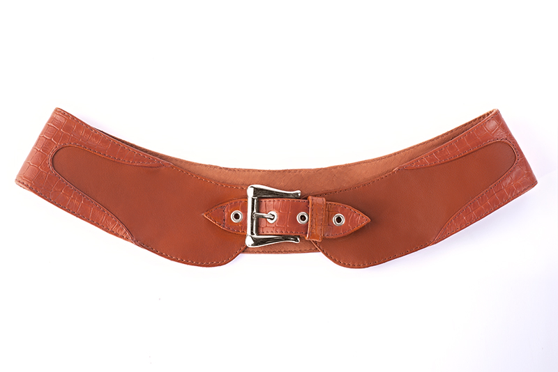 Terracotta orange women's dress belt, matching pumps and bags. Made to measure. Profile view - Florence KOOIJMAN